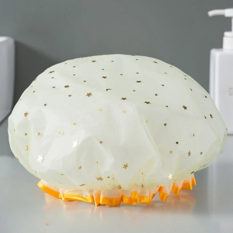 Double-Layer Waterproof Shower Cap | EVA & PVC Star Print Shower Cap QXL Yellow