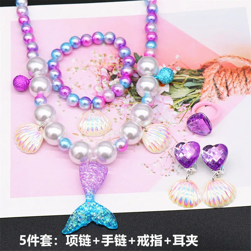 Mermaid Pearl Jewelry Set for Girls – 2 or 5 Piece Kids Set Kids Jewelry Set QXL 5Pcs Set Purple
