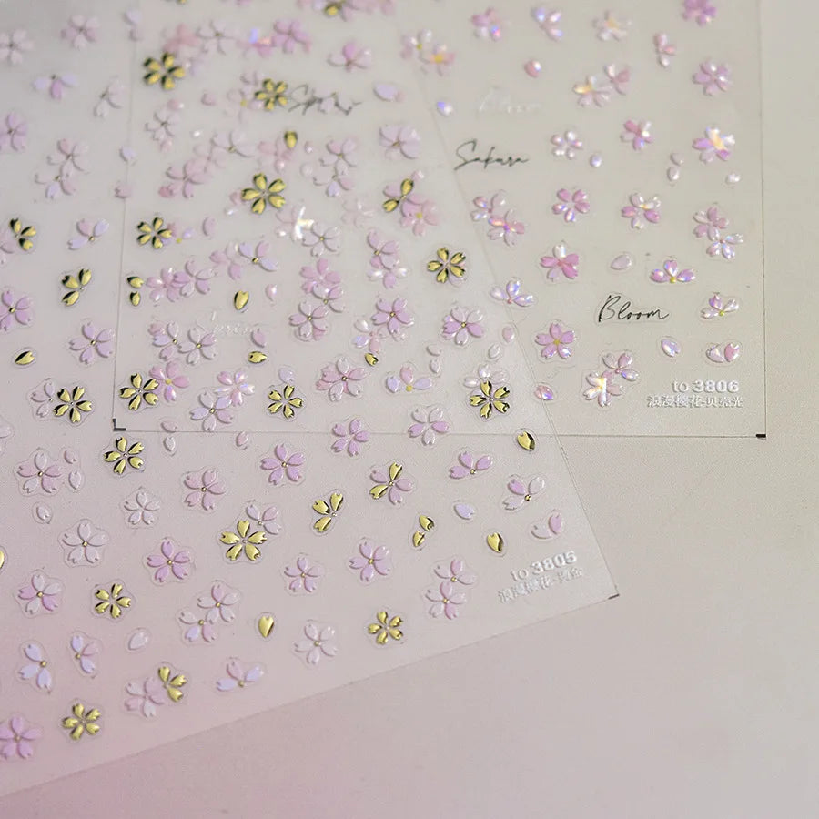 5D Bronzing Sakura Nail Stickers | Japanese Floral Decals Nail Art Stickers QXL