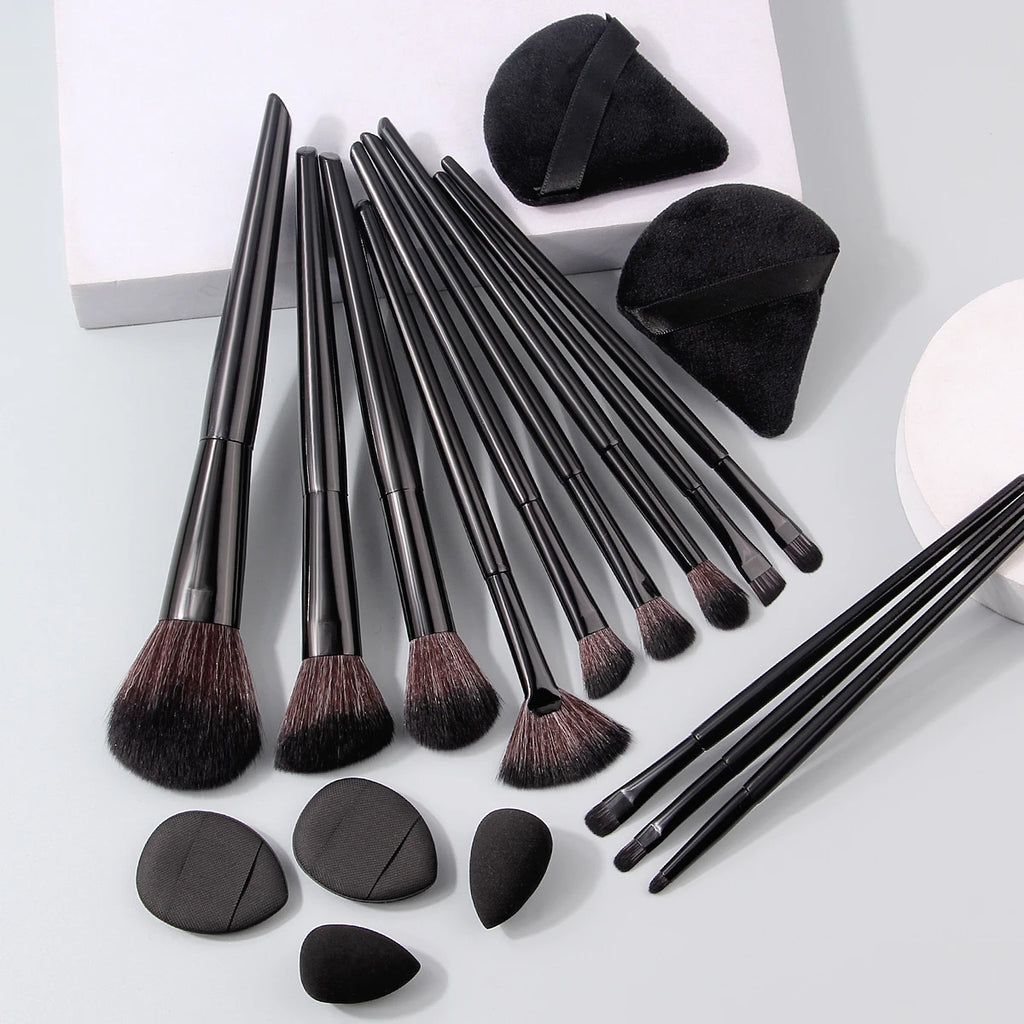 18-Piece Makeup Brush Set with Sponge & Powder Puff – Black Makeup Brush Set QXL black