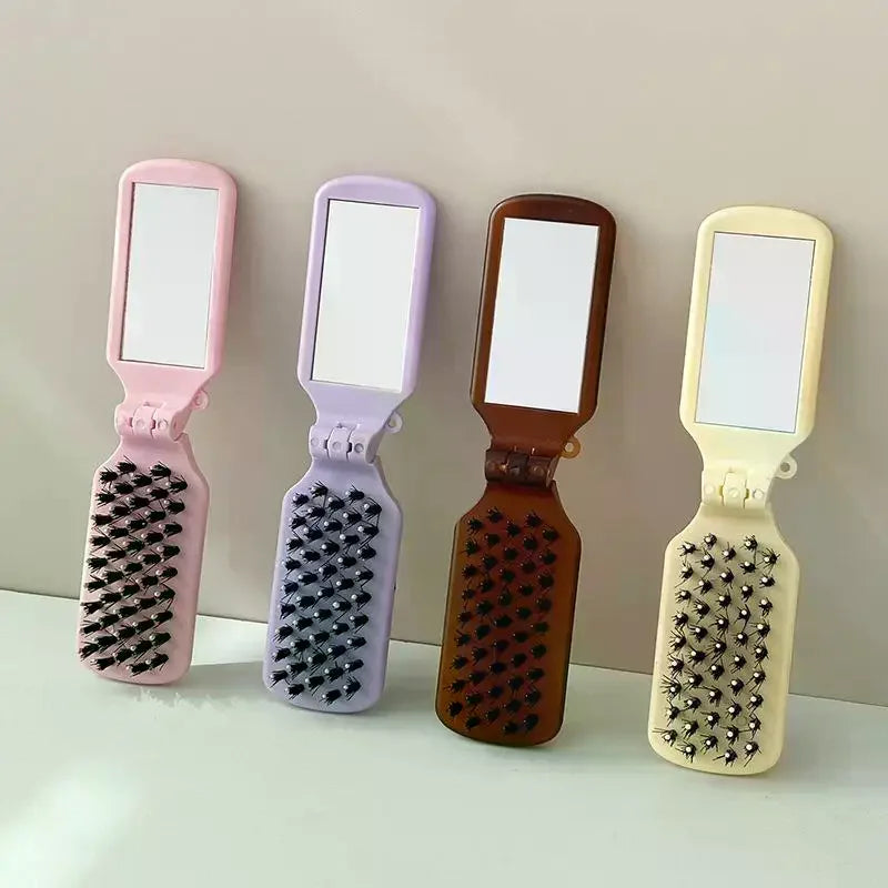 Folding Pocket Hair Comb with Mirror | Compact Travel Brush Folding Travel Comb QXL