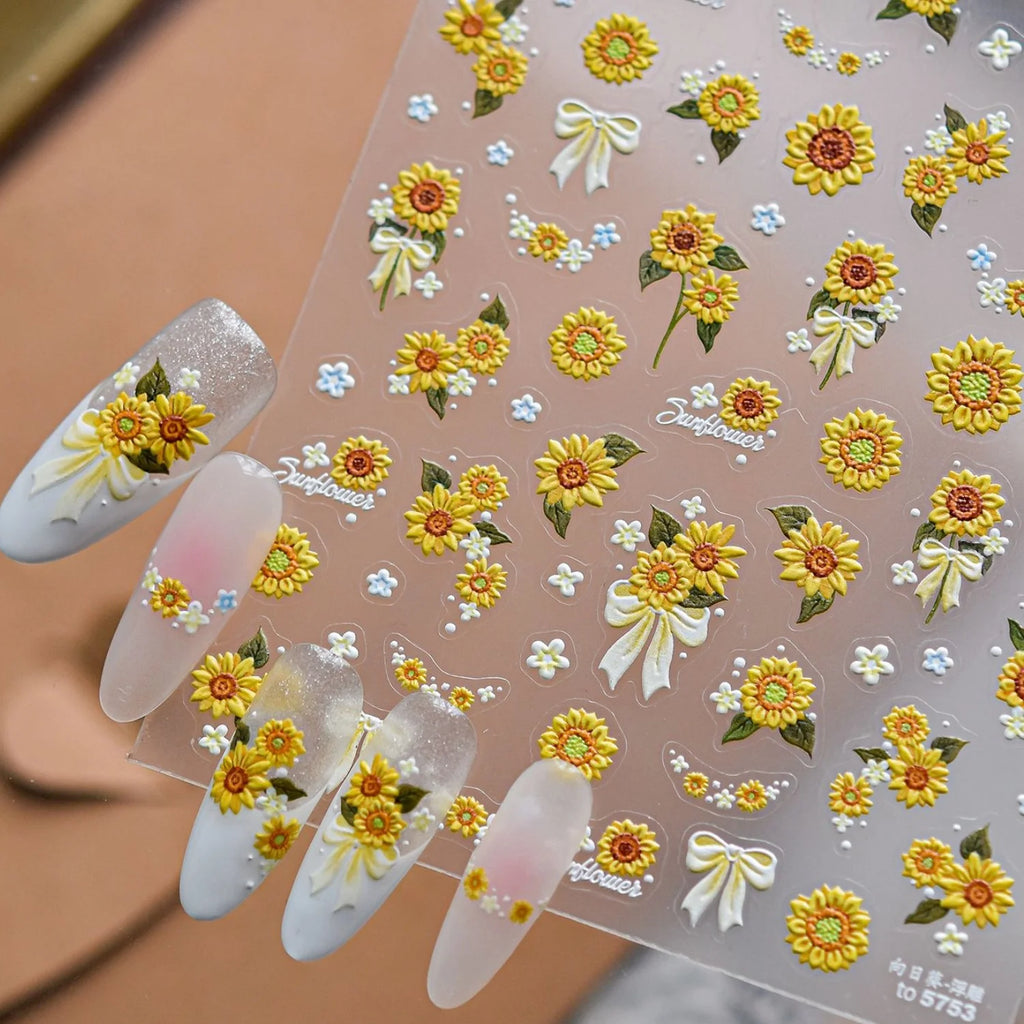 5D Floral Nail Stickers | Sunflower & Daisy Self-Adhesive Decals Nail Art Stickers QXL
