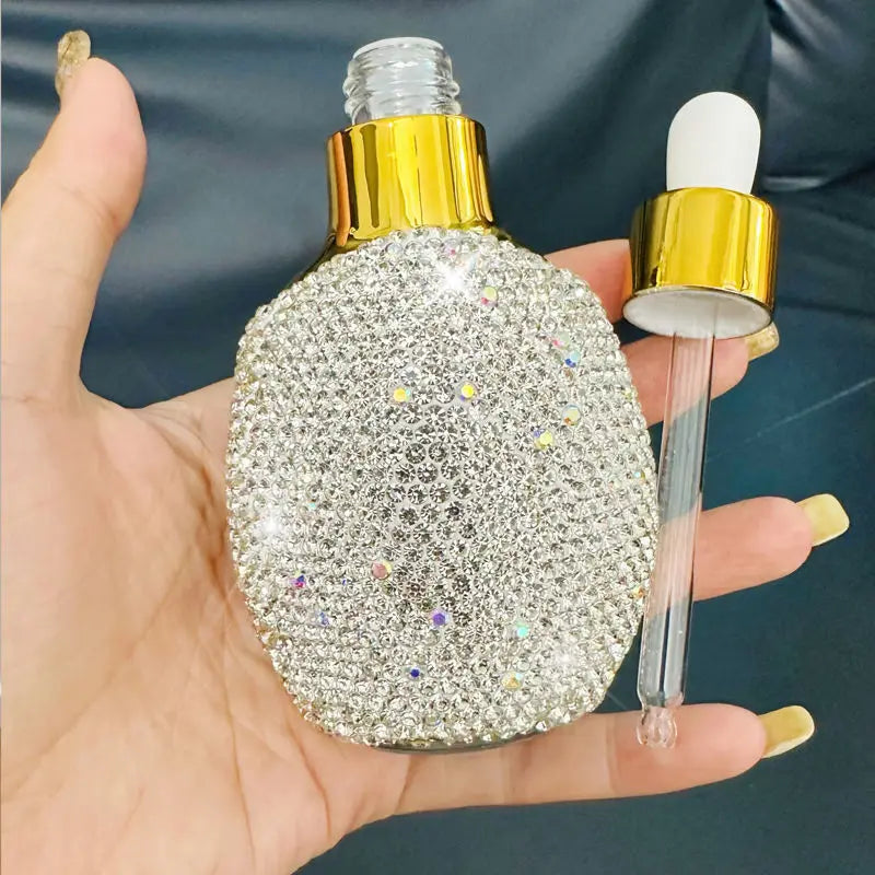 Diamond-Inlaid Flat Glass Dropper Bottle | Cosmetic Oil & Serum Glass Dropper Bottle QXL
