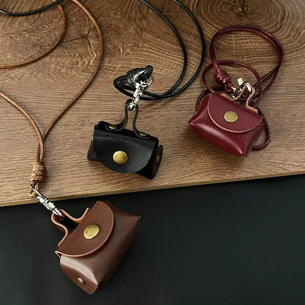 Vintage Mini Leather Coin Purse Pendant Necklace Adjustable Pendant Necklace QXL