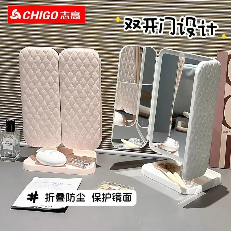 LED Lighted Trifold Folding Makeup Mirror | Double-Door Desktop Lighted Makeup Mirror QXL