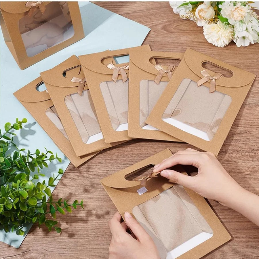 12-Pack Kraft Stand-Up Gift Bags with Window & Ribbon Gift Bags QXL