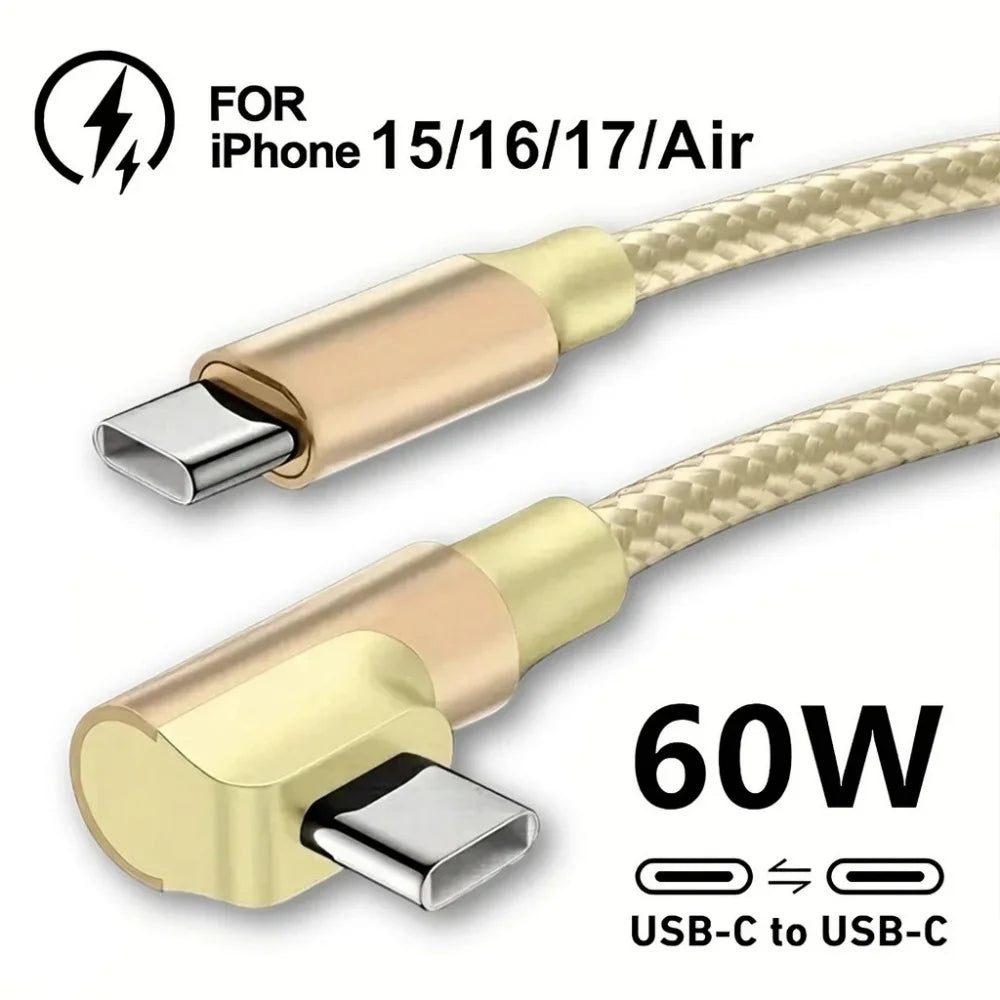 90° Elbow 60W USB-C to USB-C Fast Charge Nylon Cable USB-C Charging Cable QXL