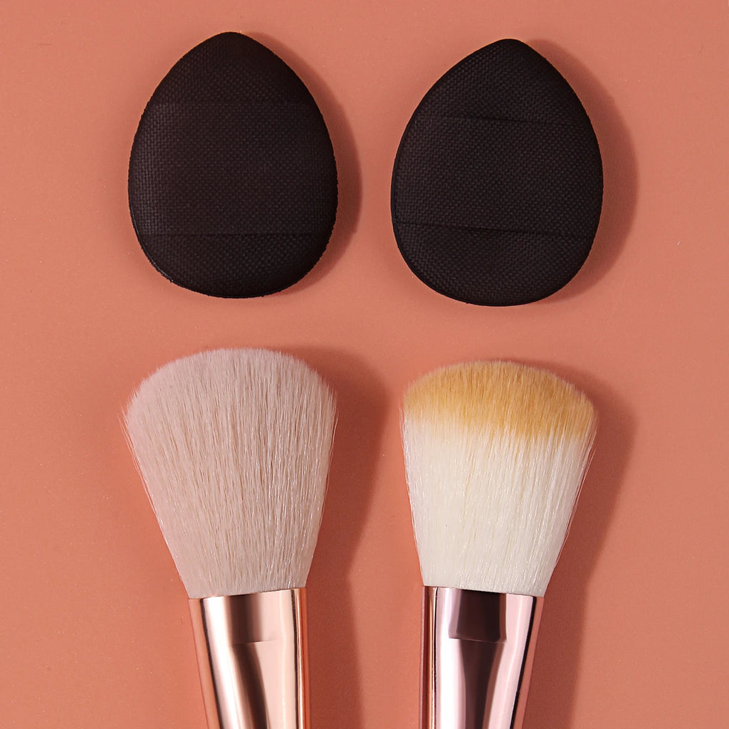 4-Piece Blush Brush & Powder Puff Set | Pink Wood Handles Makeup Brush Set QXL