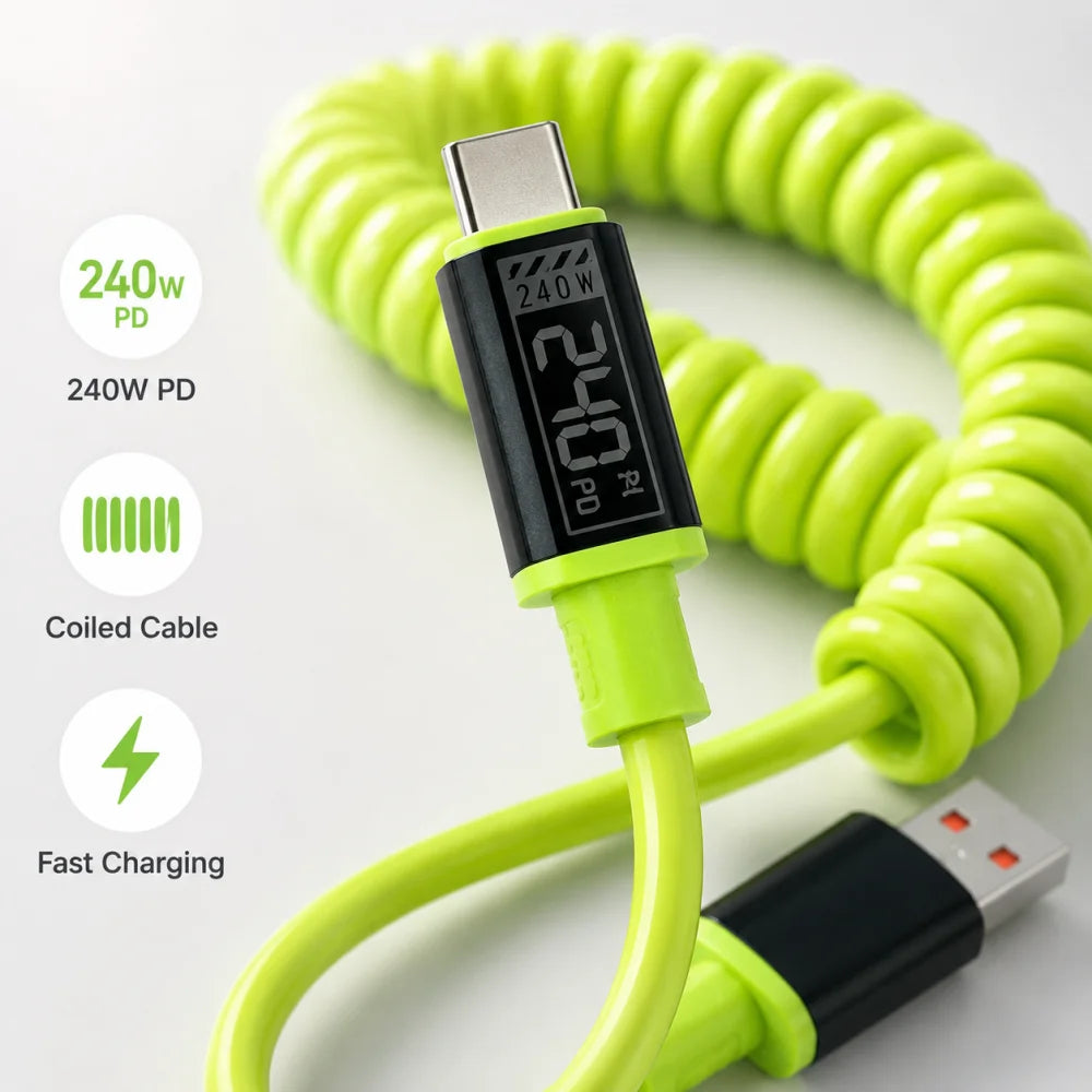 240W USB-C Retractable Fast Charging Cable – Spring Coil USB-C Charging Cable QXL