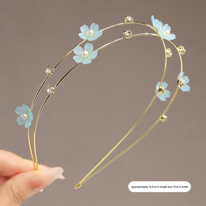 Double Layer Metal Rhinestone Flower Headband for Women Rhinestone Headband QXL Blue