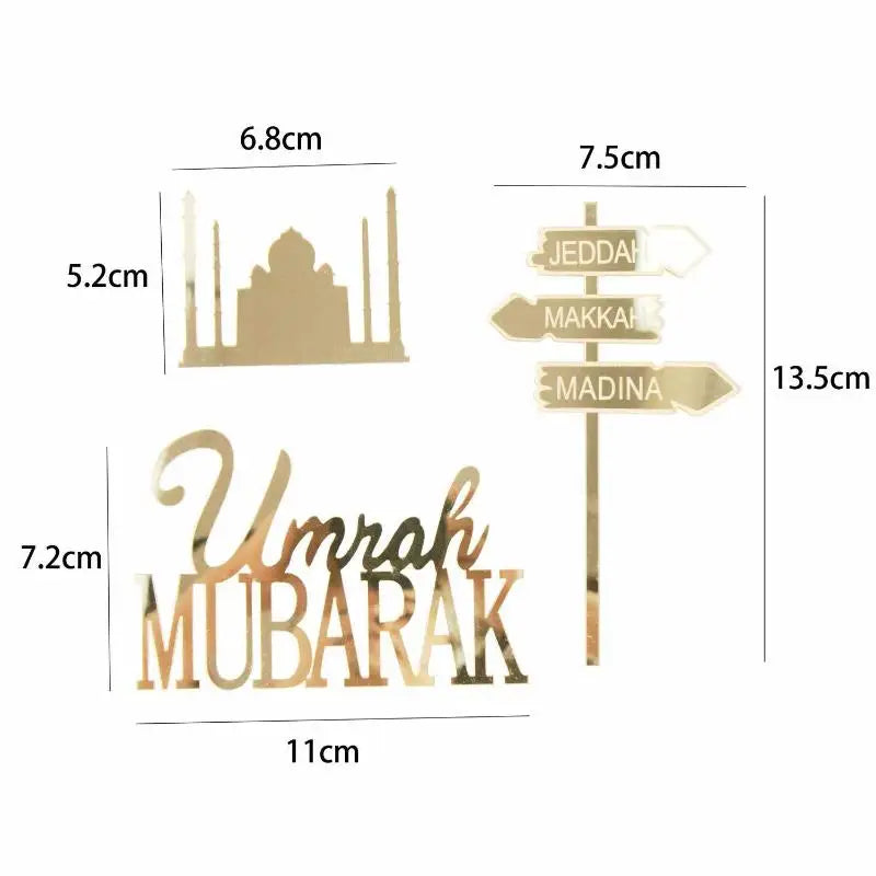 Hajj Umrah Mubarak Golden Cake Toppers | Ramadan Party 3/6Pcs Cake Toppers QXL 3Pcs A