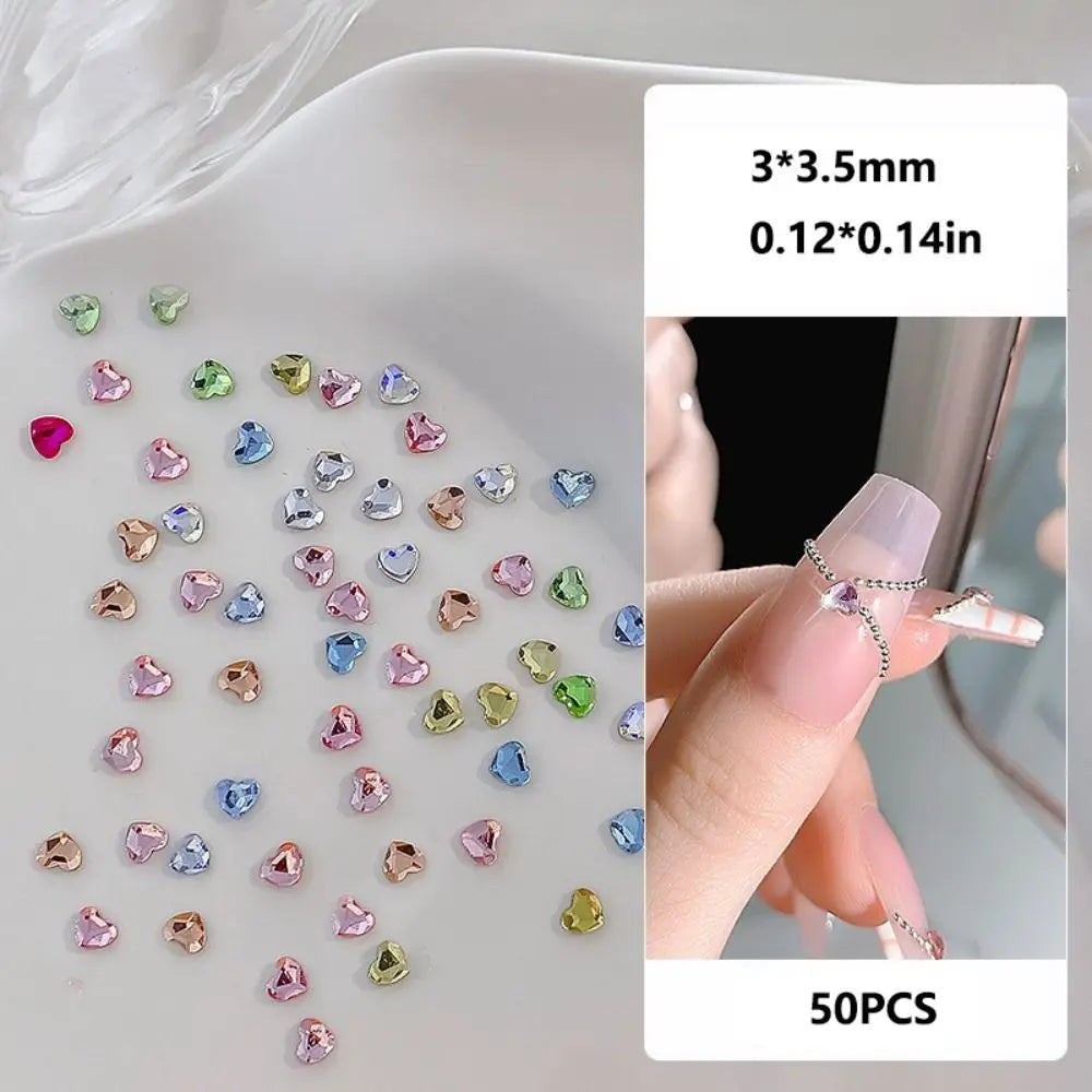 50-Pack Heart Flat Back Rhinestones for Nail Art | Glass Gems Nail Rhinestone Charms QXL