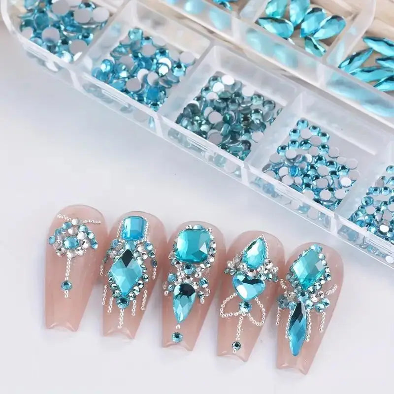 530-Pc 3D Nail Art Rhinestones | 12-Grid Flatback DIY Set Nail Art Rhinestones QXL