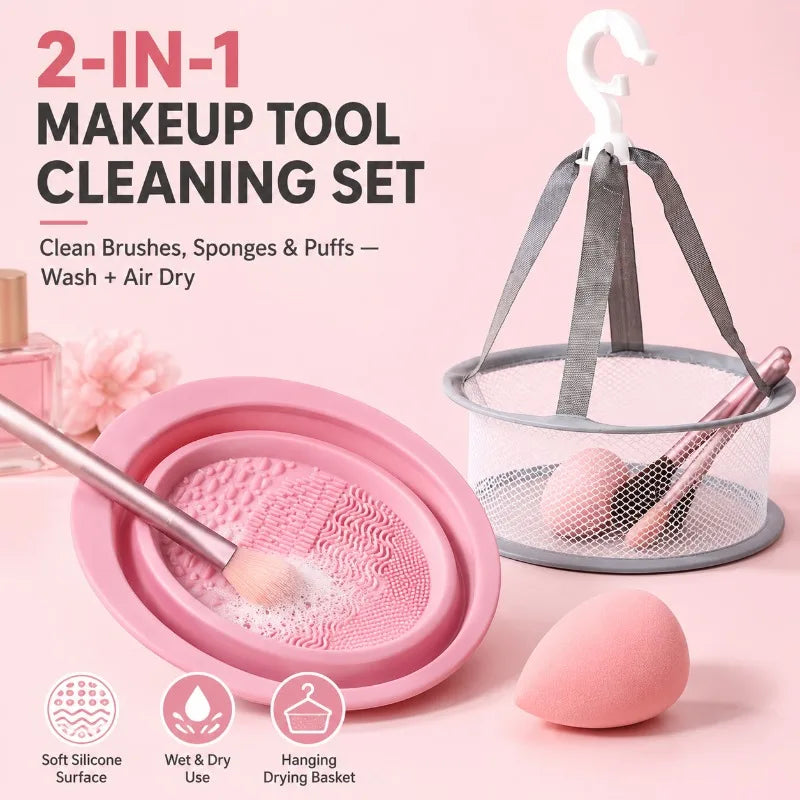 2-in-1 Silicone Makeup Brush Cleaner Bowl & Drying Basket Brush Cleaner Set QXL Pink