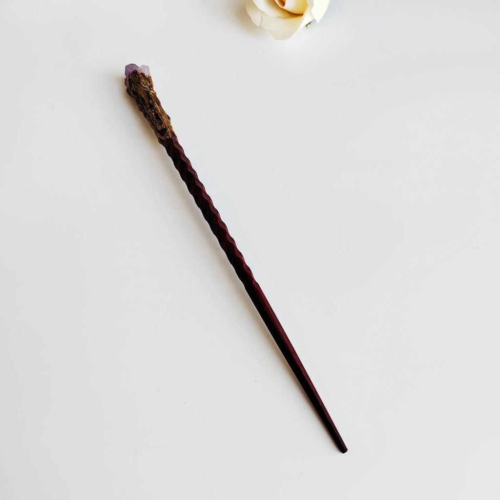 Sandalwood & Amethyst Magic Wand Hair Pin | Wooden Hairpin Crystal Hair Pin QXL
