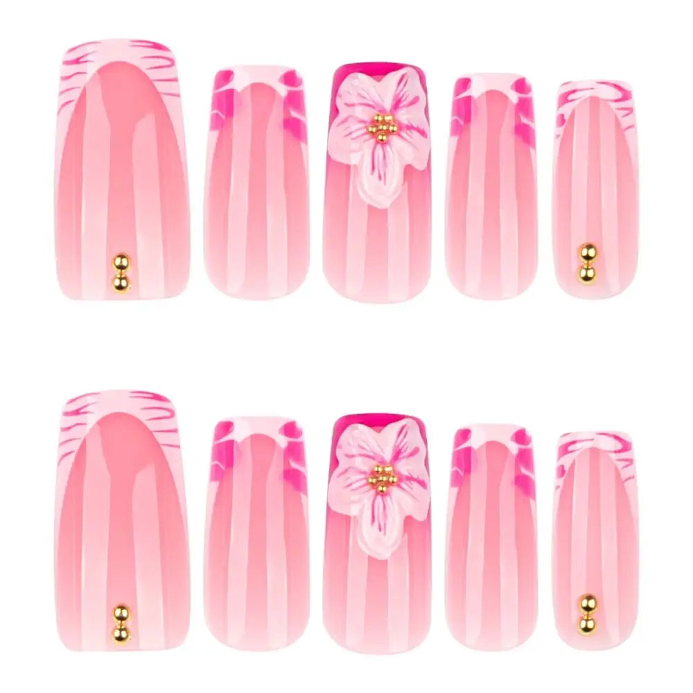 Long Ballerina Press-On Nails – Pink Flowers & French Tips Press-On Nails QXL