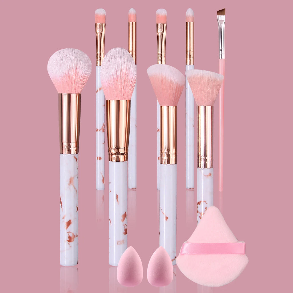 12-Pc Makeup Brush Set | White & Rose Gold + Sponge & Puff Makeup Brush Set QXL WHITE