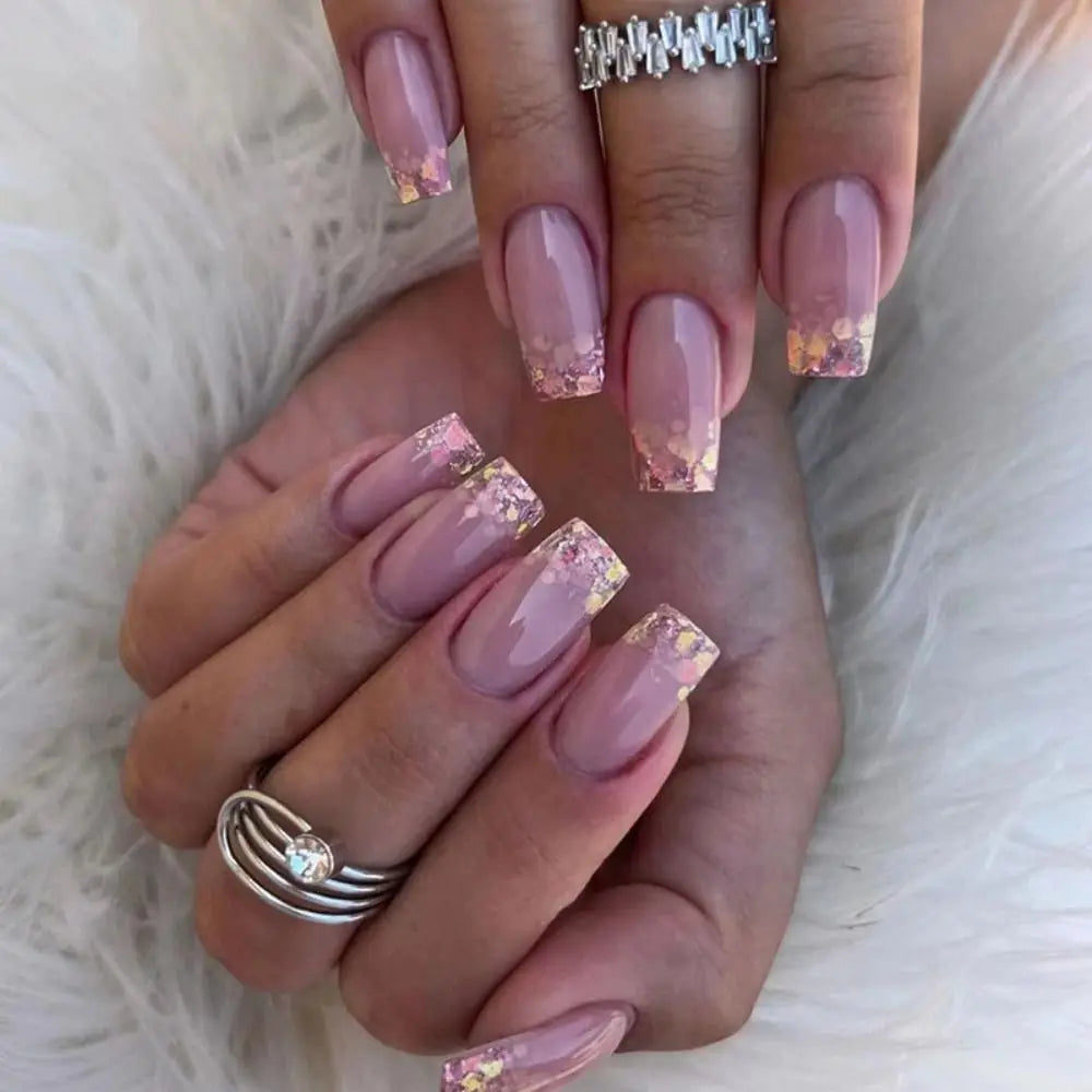 24-Pc Long Square Press-On Nails | Glitter Aurora Y2K Flowers Press-On False Nails QXL W1229