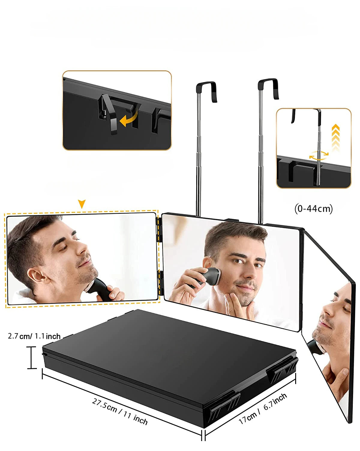 360° Trifold Vanity Makeup Mirror | Foldable Telescoping Hook Vanity Makeup Mirror QXL
