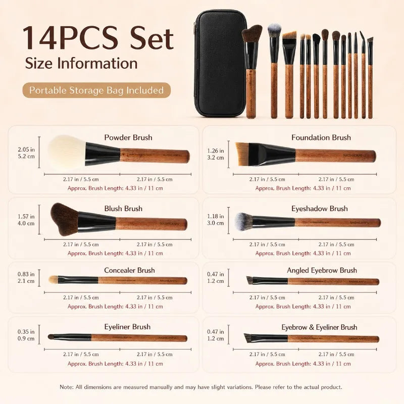 14-Piece Makeup Brush Set | Wooden Handle & Portable Case Makeup Brush Set QXL