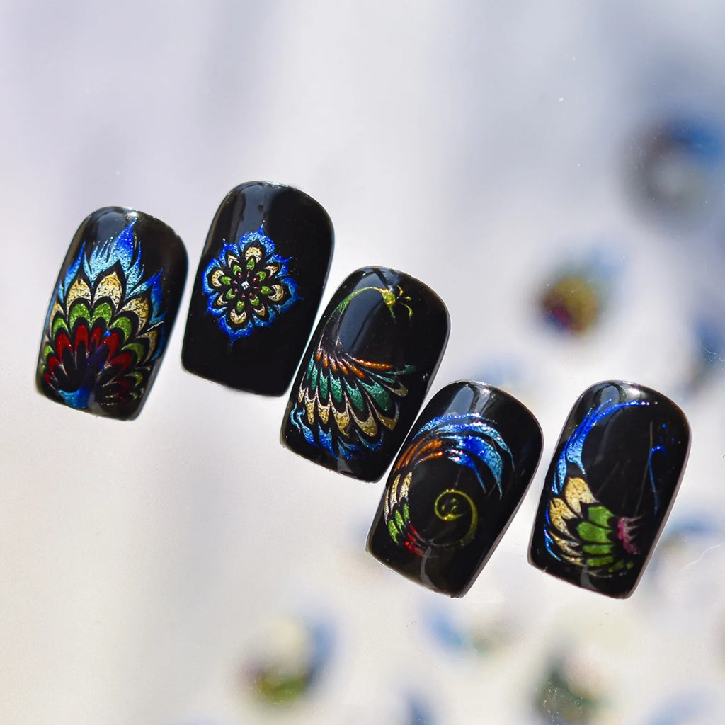 5D Holographic Peacock Feather Nail Stickers | Self-Adhesive Decals Nail Art Stickers QXL