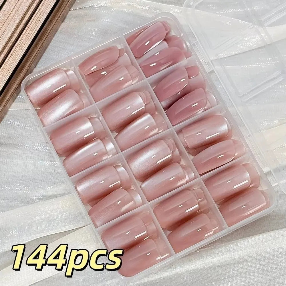 144-Pc Cat Eye Ballet Press-On Nails | Nude Glossy Medium Press-On Nail Tips QXL 144PCS