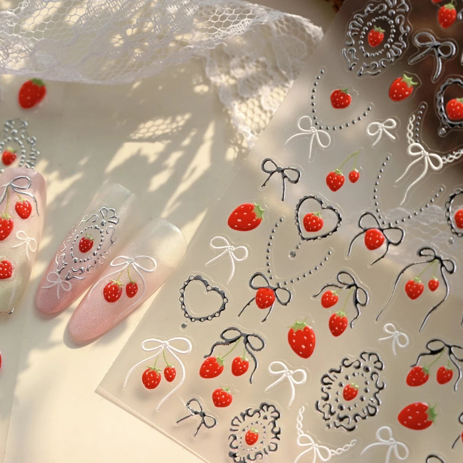 5D Strawberry Nail Stickers | Bow Pearl Self-Adhesive Decals Nail Art Stickers QXL
