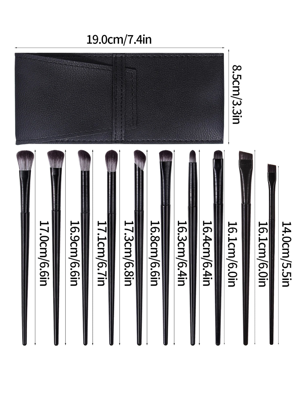 10-Pc Eye Makeup Brush Set with PU Leather Pouch – Black Eye Makeup Brush Set QXL black