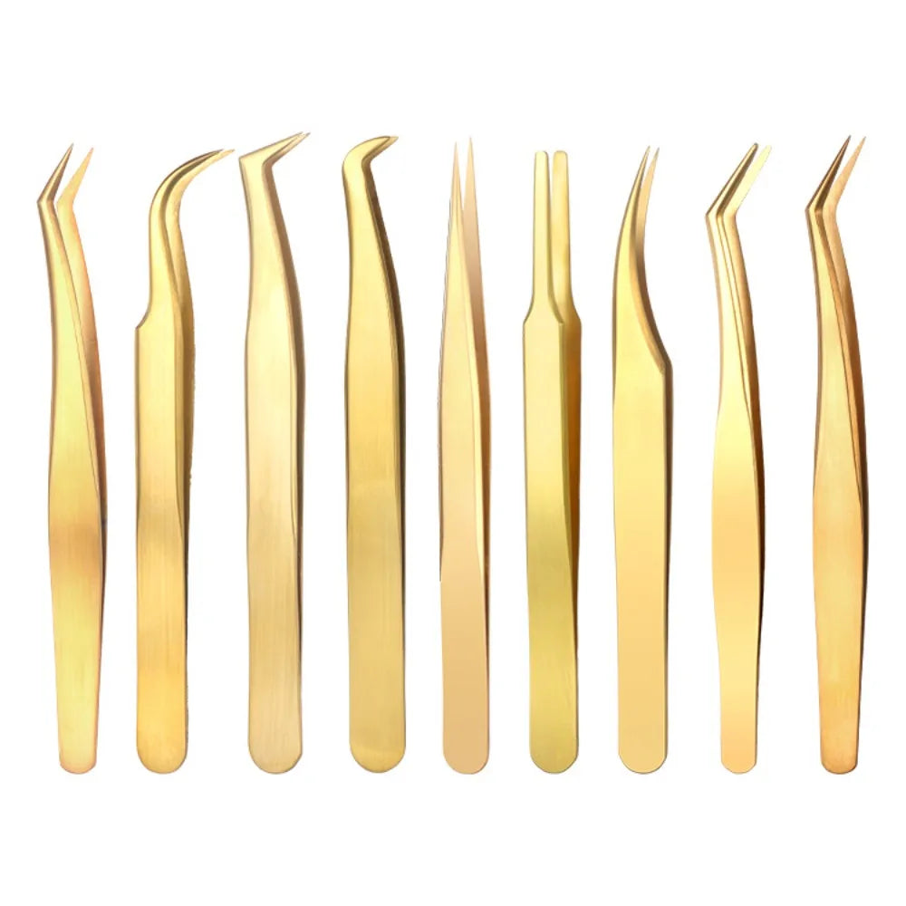 Gold Stainless Steel Lash Extension Tweezers – Curved & Straight Lash Extension Tweezers QXL