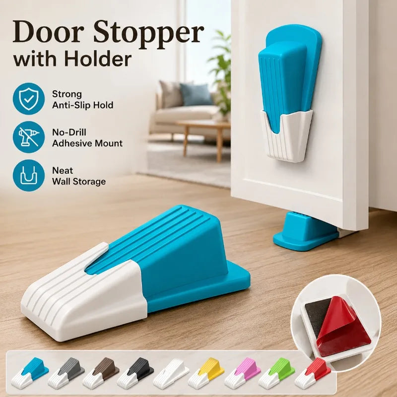 Self-Adhesive Wedge Door Stopper with Wall Holder | No-Drill Wedge Door Stopper QXL