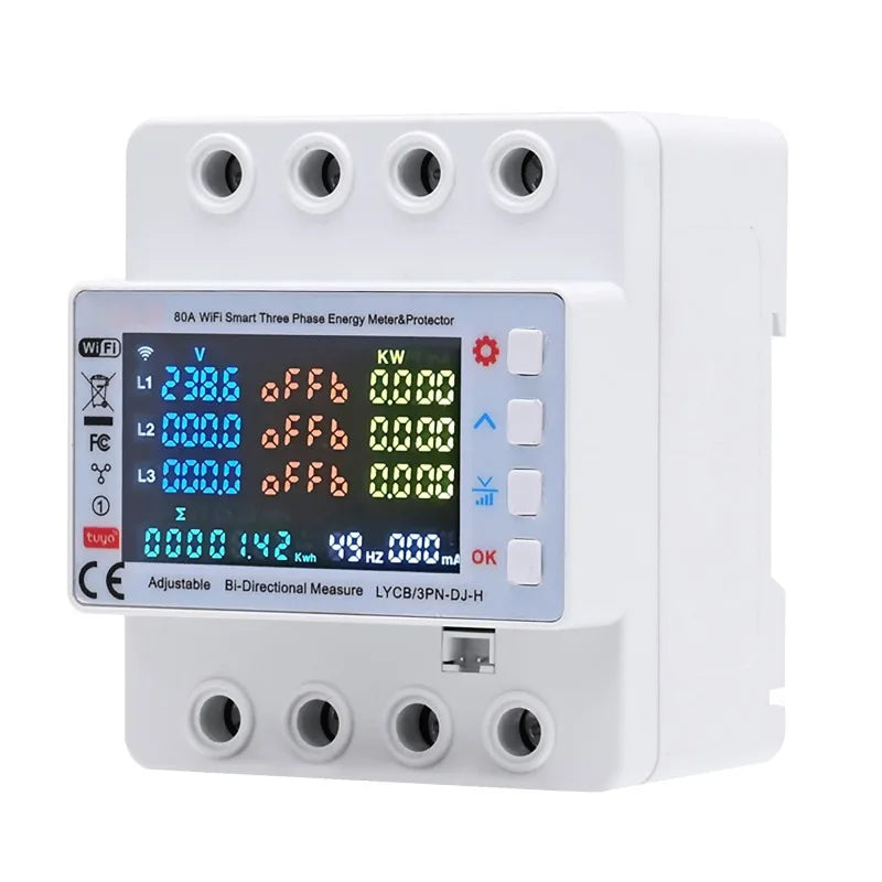 Tuya WiFi 80A Smart 3-Phase Energy Meter & Protector Smart Energy Meter QXL