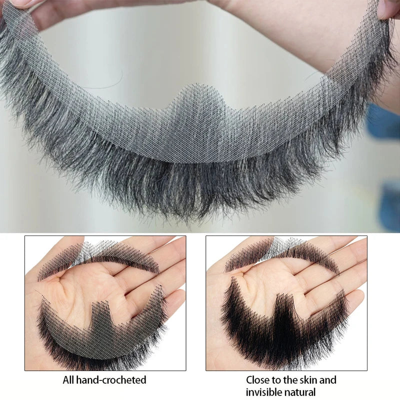100% Human Hair Fake Beard & Moustache | Lace Mesh Handmade Fake Beard & Moustache QXL