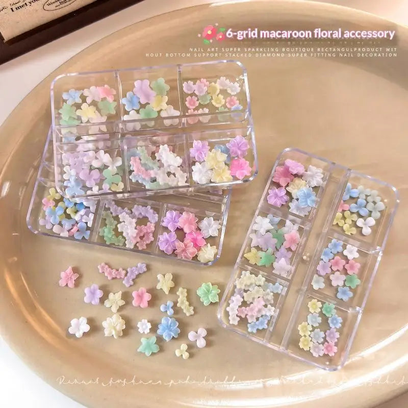 3D Pastel Macaron Flower Nail Charms | 6-Grid Box, 100 Pcs Nail Art Charms QXL