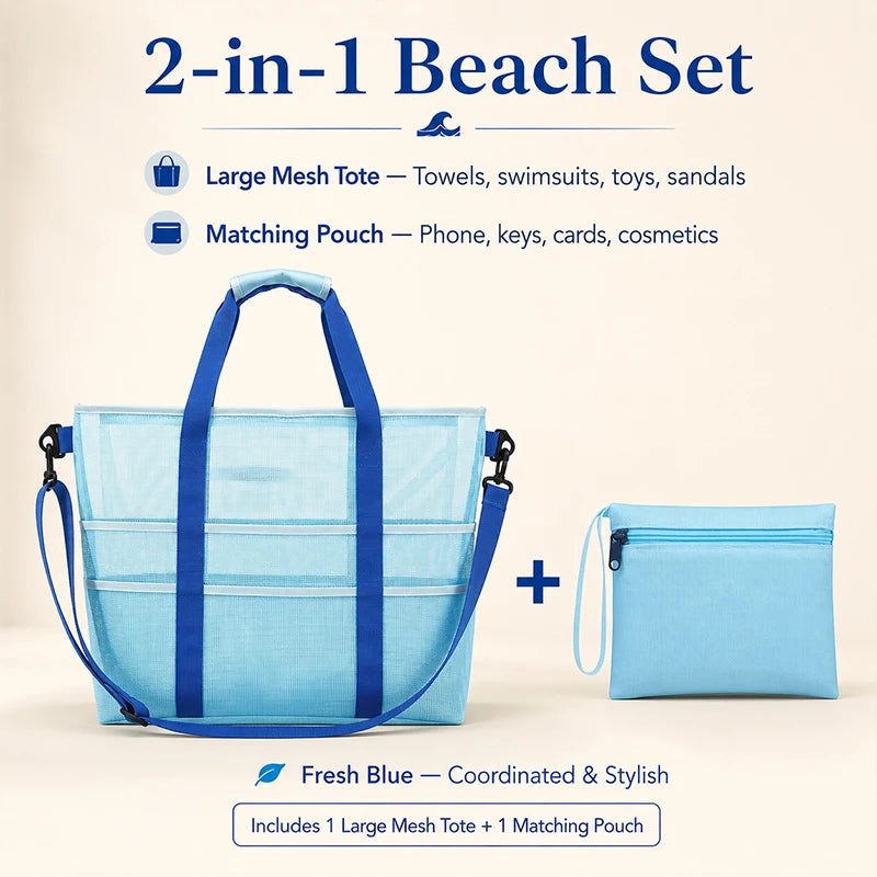 2-in-1 Quick Dry Mesh Beach Tote Bag with Detachable Pouch Mesh Beach Tote QXL