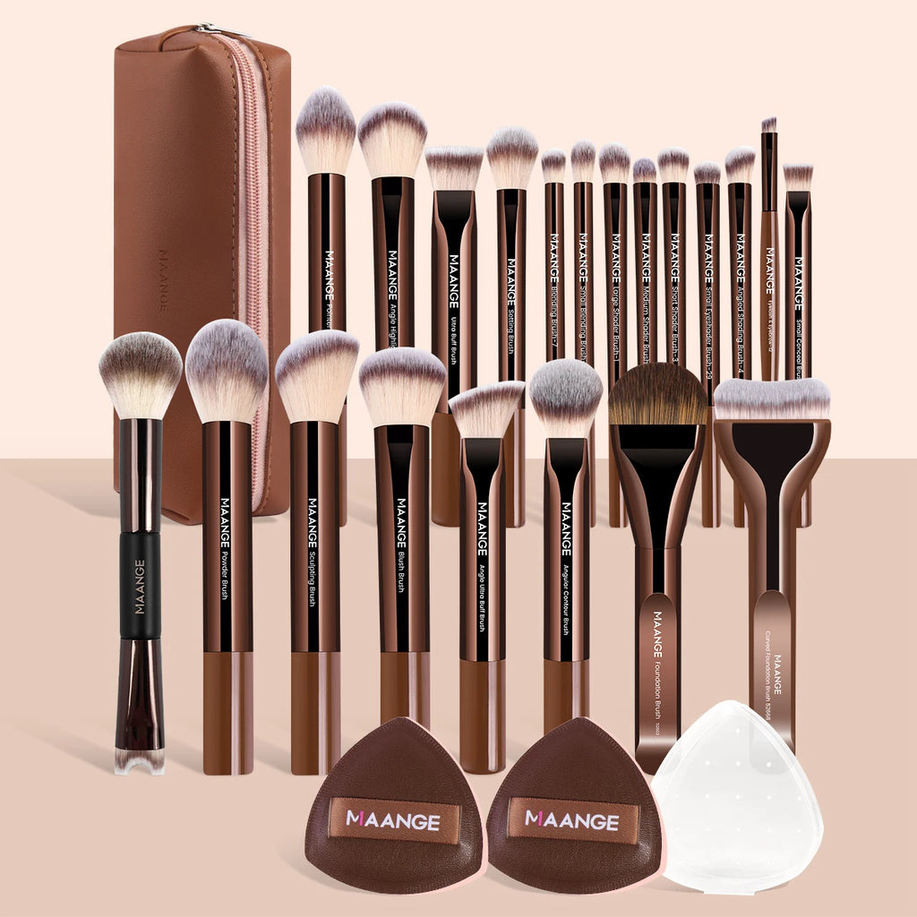 MAANGE 24-Piece Makeup Brush Set | Foundation, Eye & Blush Makeup Brush Set QXL Coffee Brown