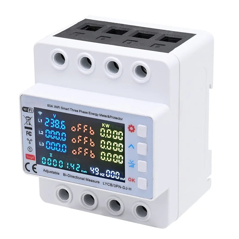 Tuya WiFi 80A Smart 3-Phase Energy Meter & Protector Smart Energy Meter QXL