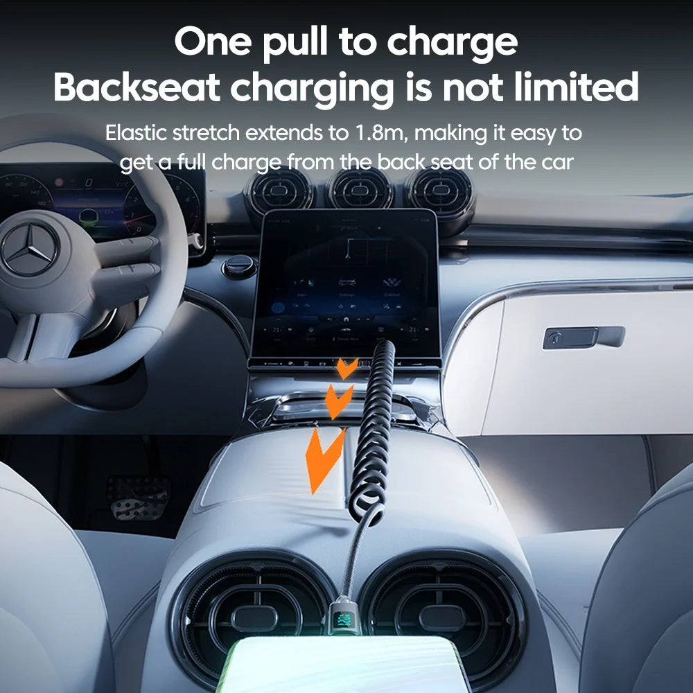120W Retractable USB-C Fast Charge Spring Car Charger Cable USB-C Charger Cable QXL