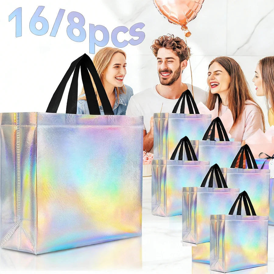 Iridescent Gift Bags Bulk 8/16 Pcs | Glossy Reusable Goodie Bags Gift Bags QXL