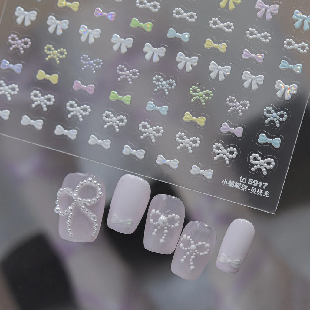 5D Bow Nail Stickers | Pearl Macaron French Style Decals Nail Art Stickers QXL