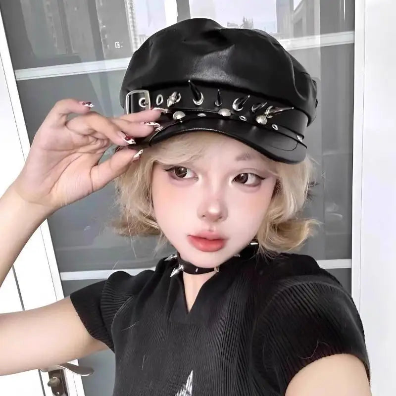 Vintage Rivet Leather Beret | Y2K Gothic Lolita Newsboy Cap Faux Leather Beret QXL