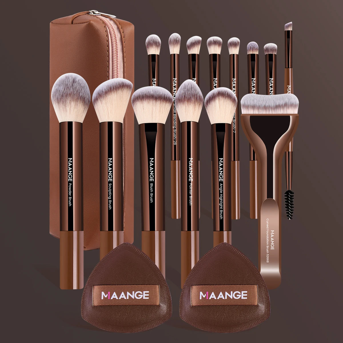 MAANGE 17-Pc Makeup Brush Set & Storage Bag – Travel Gift Makeup Brush Set QXL Coffee Brown