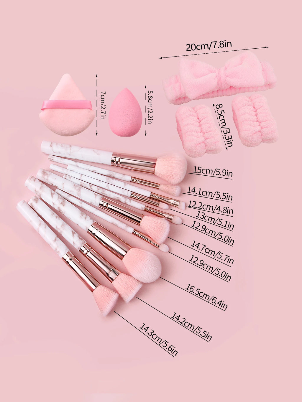17-Pc Pink Makeup Brush Set with Sponge Puff & Wrist Strap Makeup Brush Set QXL