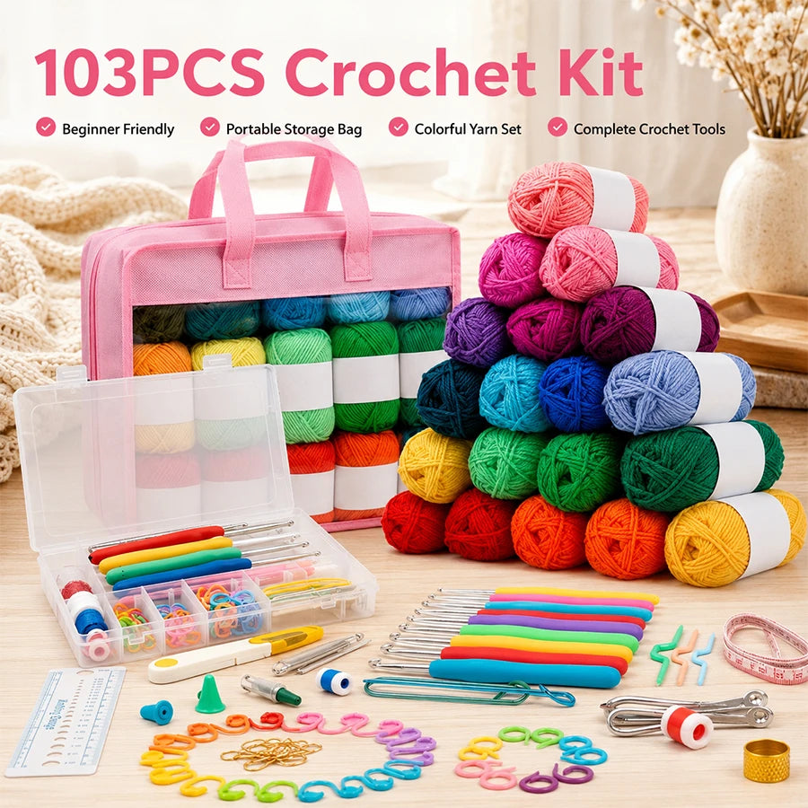 103-Piece Crochet Kit for Beginners | Hooks, Yarn & Bag Crochet Starter Kit QXL