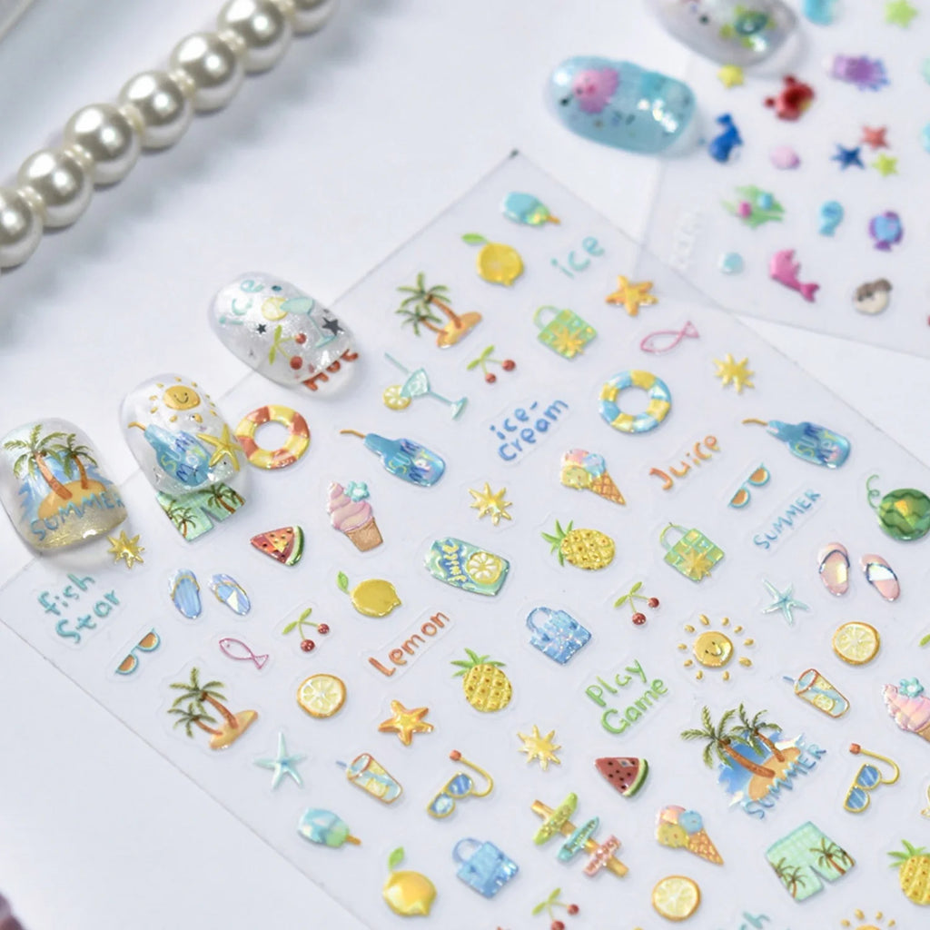 5D Summer Nail Stickers | Tropical Fruit & Beach Nail Decals Nail Art Stickers QXL