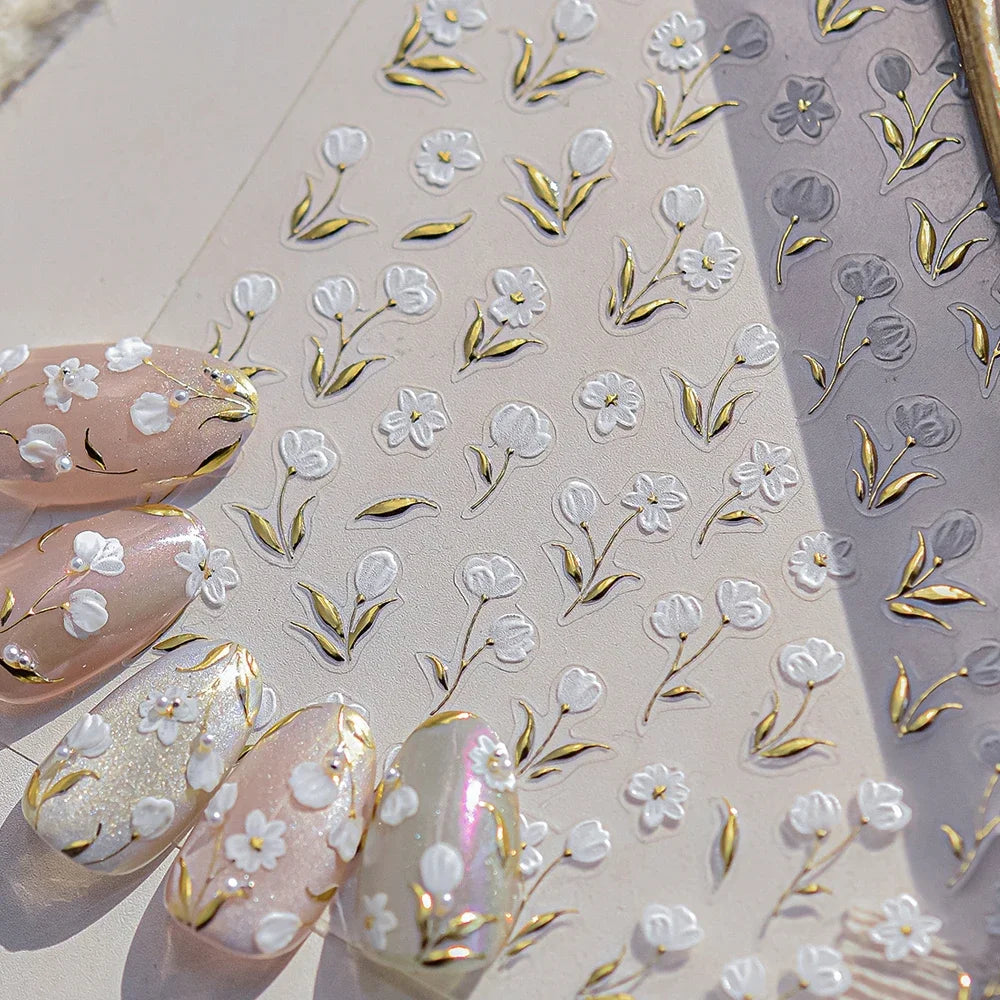 5D Floral Nail Stickers | Gold Leaf Tulip Manicure Decals Nail Art Stickers QXL