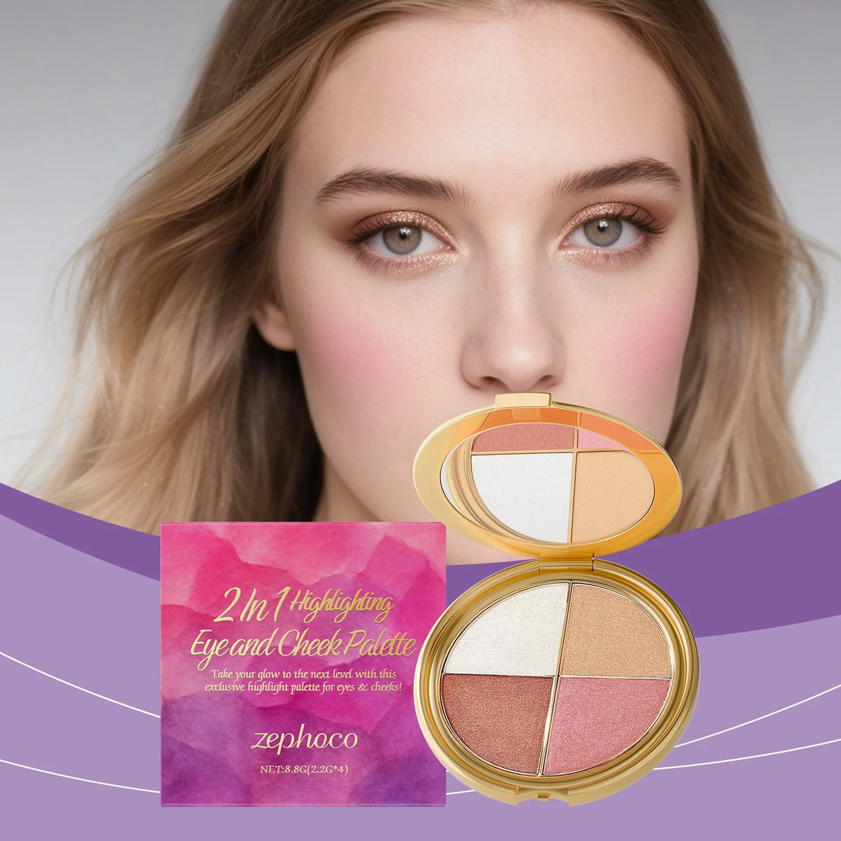 3-in-1 Highlighter Eyeshadow & Blush Palette | Glowing Makeup Makeup Palette QXL