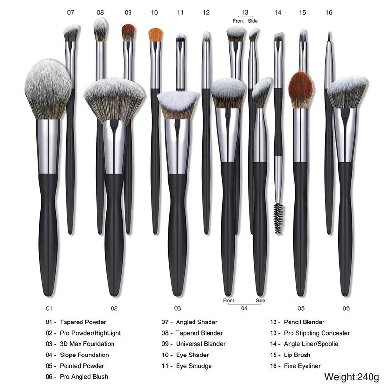 16-Piece Black Makeup Brush Set | Hourglass Handle & PU Case Makeup Brush Set QXL