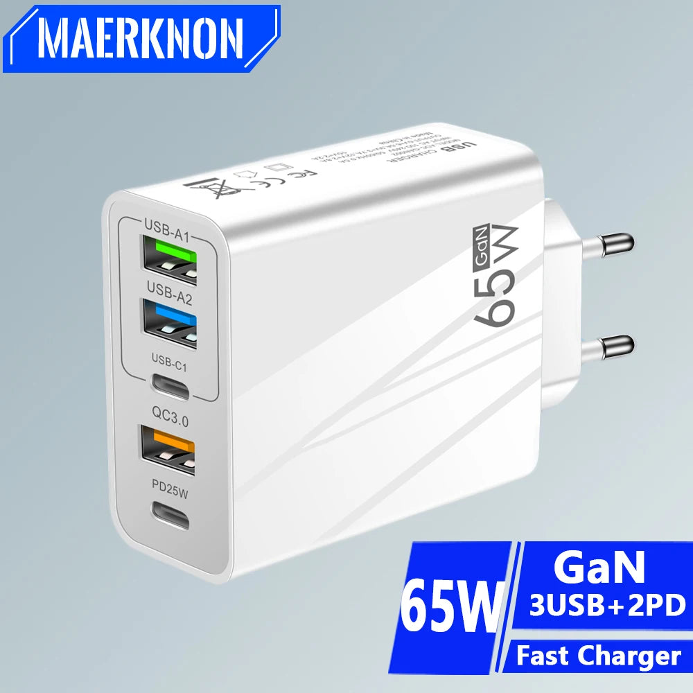 GaN 65W 5-Port USB Wall Charger | PD & QC 3.0 Fast Charge USB Wall Charger QXL