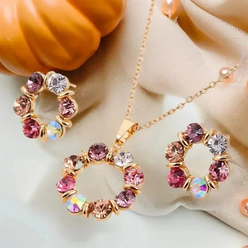 3-Piece Gold Circle Crystal Necklace & Earrings Set | Women Jewelry Set QXL