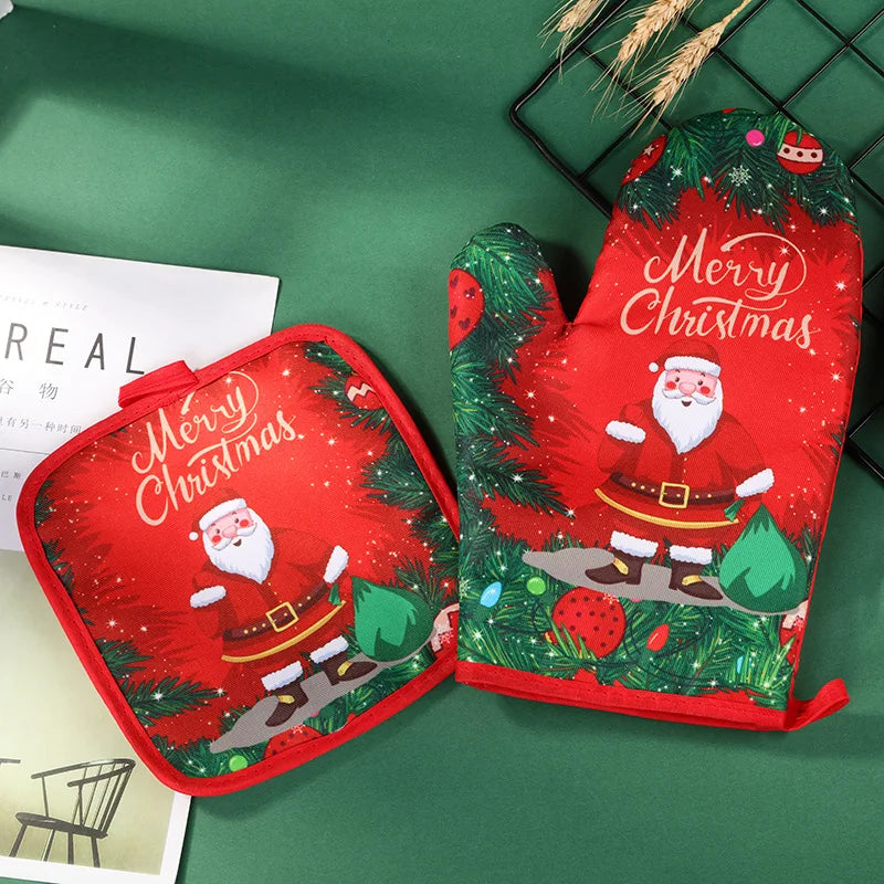 Christmas Oven Mitts & Potholder Set | Santa Snowman Deer Oven Mitt Set QXL red-1 Set